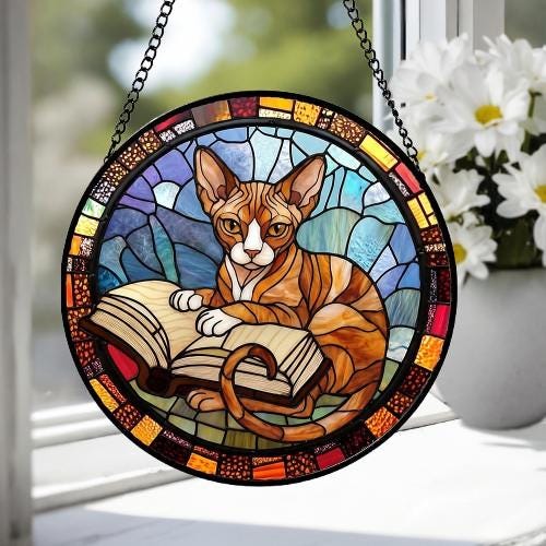 Custom Stained Glass Window Hanging Sphynx Cat Reading , Sun Catcher Home Decor,  Lost Pets Gift - image 4