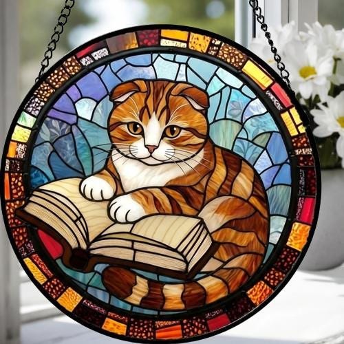 Custom Stained Glass Window Hanging Scottish Fold Cat Reading , Sun Catcher Home Decor,  Lost Pets Gift - image 4