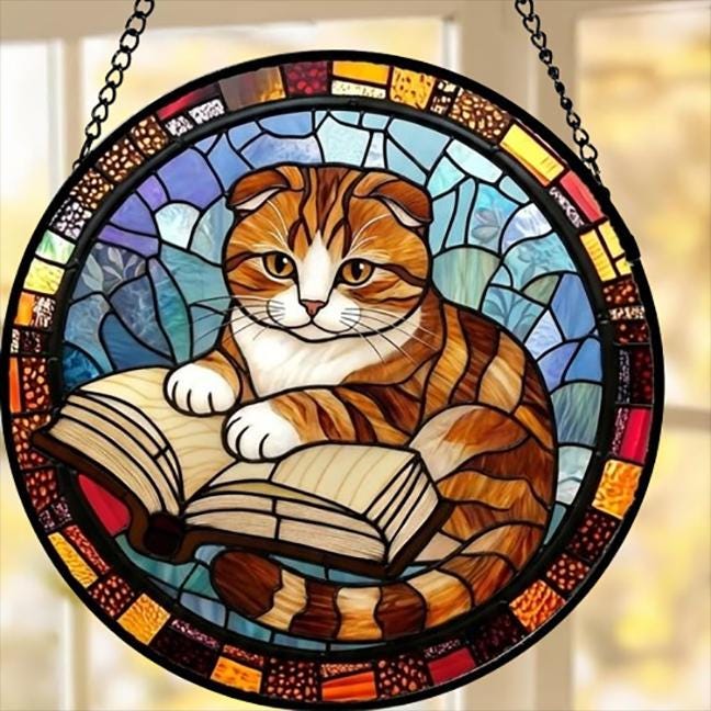Custom Stained Glass Window Hanging Scottish Fold Cat Reading , Sun Catcher Home Decor,  Lost Pets Gift