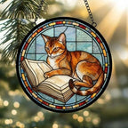 Custom Stained Glass Window Hanging Abyssinian  Cat Reading , Sun Catcher Home Decor,  Lost Pets Gift - image 2