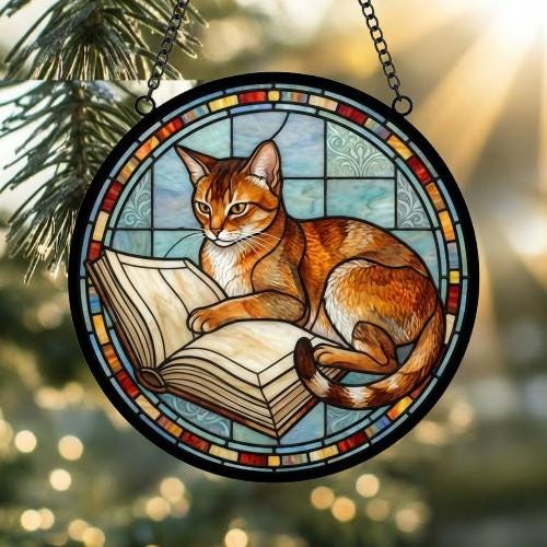 Custom Stained Glass Window Hanging Abyssinian  Cat Reading , Sun Catcher Home Decor,  Lost Pets Gift - image 2