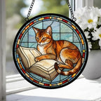 Custom Stained Glass Window Hanging Abyssinian  Cat Reading , Sun Catcher Home Decor,  Lost Pets Gift - image 3