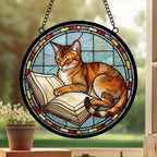 Custom Stained Glass Window Hanging Abyssinian  Cat Reading , Sun Catcher Home Decor,  Lost Pets Gift
