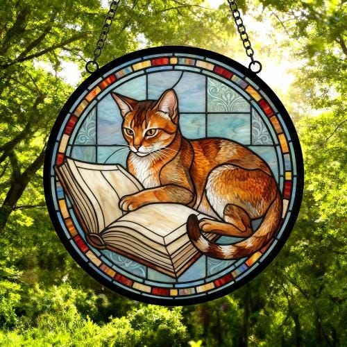 Custom Stained Glass Window Hanging Abyssinian  Cat Reading , Sun Catcher Home Decor,  Lost Pets Gift - image 4