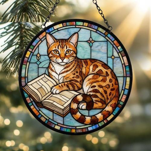 Custom Stained Glass Window Hanging Egyptian Mau Cat Reading , Sun Catcher Home Decor,  Lost Pets Gift - image 3