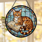 Custom Stained Glass Window Hanging Egyptian Mau Cat Reading , Sun Catcher Home Decor,  Lost Pets Gift - image 2