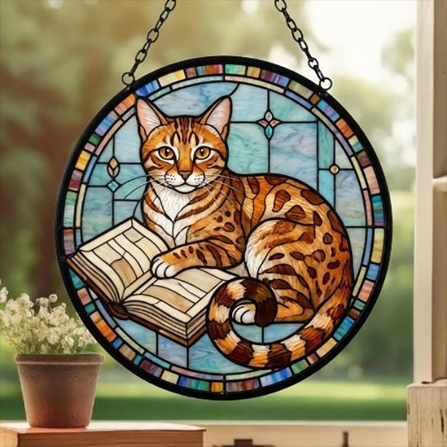 Custom Stained Glass Window Hanging Egyptian Mau Cat Reading , Sun Catcher Home Decor,  Lost Pets Gift