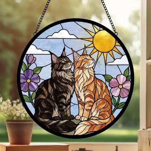 Custom Maine Coon Cat Couple Stained Glass Suncatcher, Cat Glass Window Hanging Art, Pet Keepsake Glass Sun Catcher,Memorial Gifts for - image 3