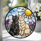 Custom British Shorthair Couple Stained Glass Suncatcher, Cat Glass Window Hanging Art, Pet Keepsake Glass Sun Catcher, Gifts for Cat Lover