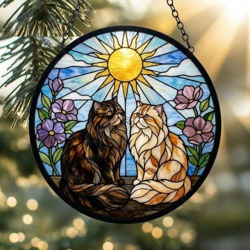 Custom Persian cat  Couple Stained Glass Suncatcher, Cat Glass Window Hanging Art, Pet Keepsake Glass Sun Catcher, Gifts for Cat Lover - image 2