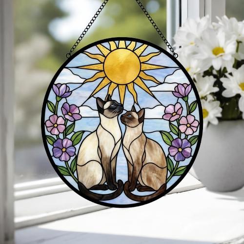 Custom Siamese cat  Couple Stained Glass Suncatcher, Cat Glass Window Hanging Art, Pet Keepsake Glass Sun Catcher,Memorial Gifts - image 3