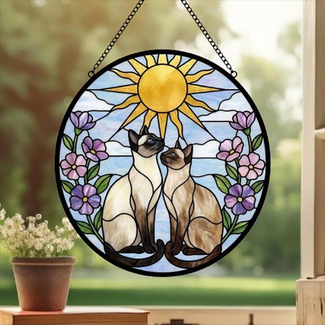 Custom Siamese cat  Couple Stained Glass Suncatcher, Cat Glass Window Hanging Art, Pet Keepsake Glass Sun Catcher,Memorial Gifts