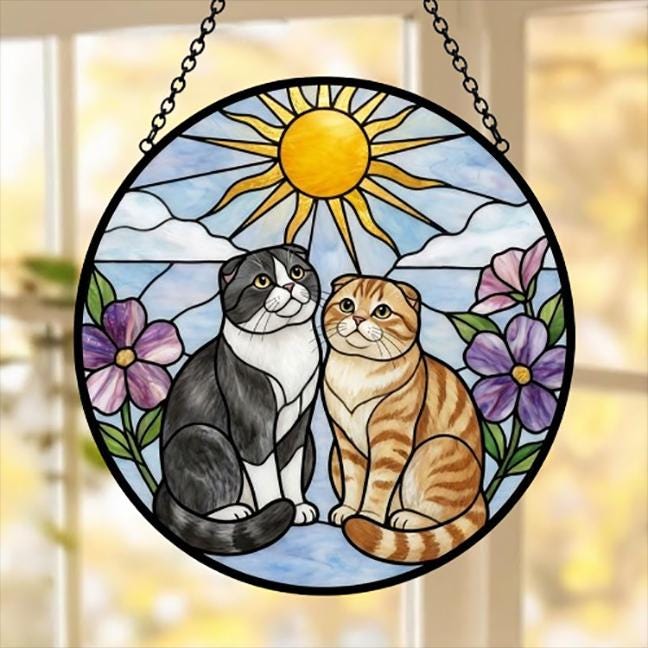 Custom Scottish Fold cat Couple Stained Glass Suncatcher, Cat Glass Window Hanging Art, Pet Keepsake Glass Sun Catcher, Memorial Gifts