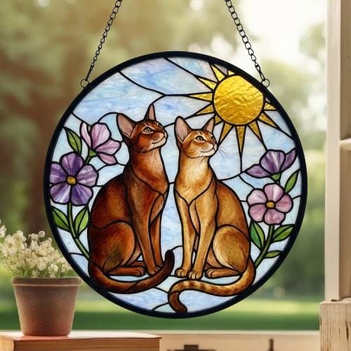 Custom Abyssinian cat  Couple Stained Glass Suncatcher, Cat Glass Window Hanging Art, Pet Keepsake Glass Sun Catcher,Memorial Gifts - image 3