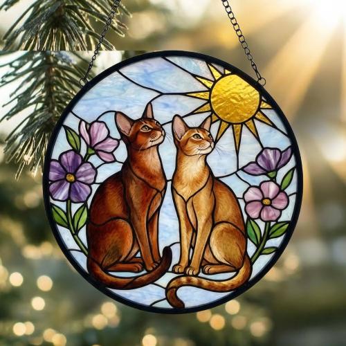 Custom Abyssinian cat  Couple Stained Glass Suncatcher, Cat Glass Window Hanging Art, Pet Keepsake Glass Sun Catcher,Memorial Gifts - image 2