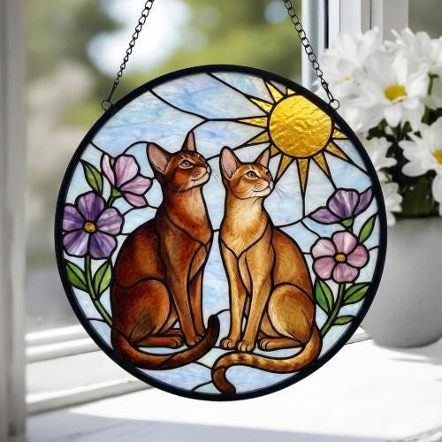 Custom Abyssinian cat  Couple Stained Glass Suncatcher, Cat Glass Window Hanging Art, Pet Keepsake Glass Sun Catcher,Memorial Gifts - image 4