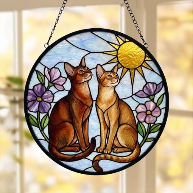 Custom Abyssinian cat  Couple Stained Glass Suncatcher, Cat Glass Window Hanging Art, Pet Keepsake Glass Sun Catcher,Memorial Gifts