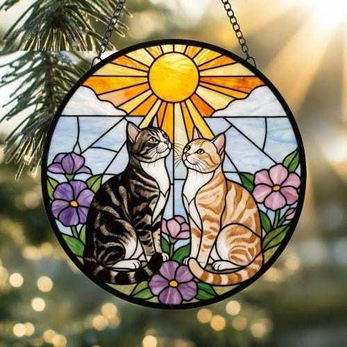 Custom American ShorthairCouple Stained Glass Suncatcher, Cat Glass Window Hanging Art, Pet Keepsake Glass Sun Catcher,Memorial Gifts - image 2