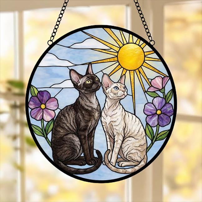 Custom Devon Rex cat Couple Stained Glass Suncatcher, Cat Glass Window Hanging Art, Pet Keepsake Glass Sun Catcher, Memorial Gifts