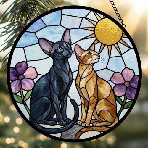 Custom Oriental Shorthair Couple Stained Glass Suncatcher,Cat Glass Window Hanging Art, Pet Keepsake Glass Sun Catcher,Memorial Gifts - image 2
