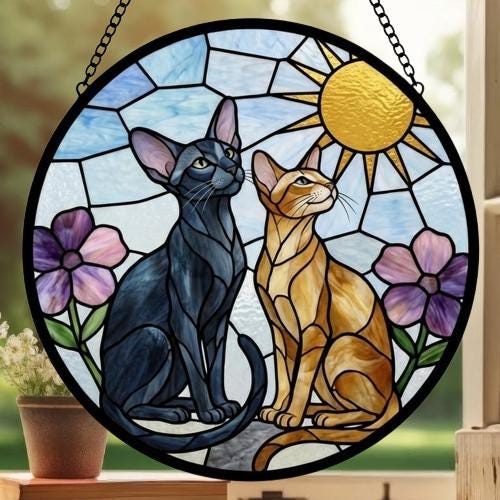 Custom Oriental Shorthair Couple Stained Glass Suncatcher,Cat Glass Window Hanging Art, Pet Keepsake Glass Sun Catcher,Memorial Gifts - image 3