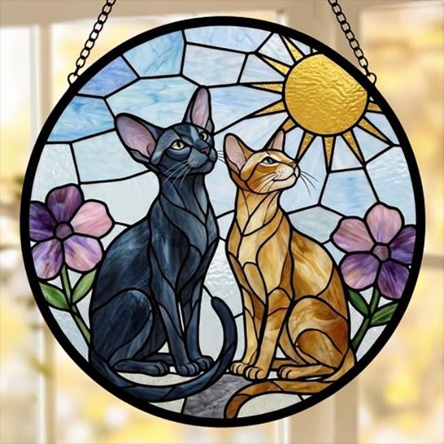 Custom Oriental Shorthair Couple Stained Glass Suncatcher,Cat Glass Window Hanging Art, Pet Keepsake Glass Sun Catcher,Memorial Gifts