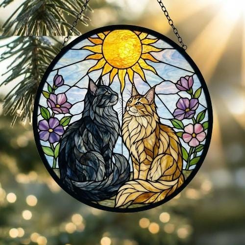 Custom Norwegian Forest Couple Stained Glass Suncatcher,Cat Glass Window Hanging Art, Pet Keepsake Glass Sun Catcher,Memorial Gifts - image 2