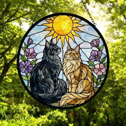 Custom Norwegian Forest Couple Stained Glass Suncatcher,Cat Glass Window Hanging Art, Pet Keepsake Glass Sun Catcher,Memorial Gifts - image 4