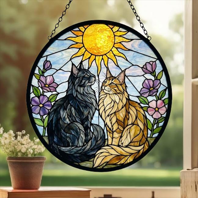 Custom Norwegian Forest Couple Stained Glass Suncatcher,Cat Glass Window Hanging Art, Pet Keepsake Glass Sun Catcher,Memorial Gifts