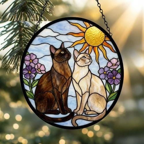 Custom Burmese cat  Couple Stained Glass Suncatcher, Cat Glass Window Hanging Art, Pet Keepsake Glass Sun Catcher,Memorial Gifts - image 2