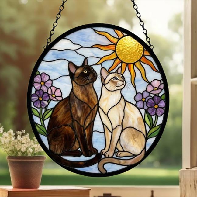 Custom Burmese cat  Couple Stained Glass Suncatcher, Cat Glass Window Hanging Art, Pet Keepsake Glass Sun Catcher,Memorial Gifts