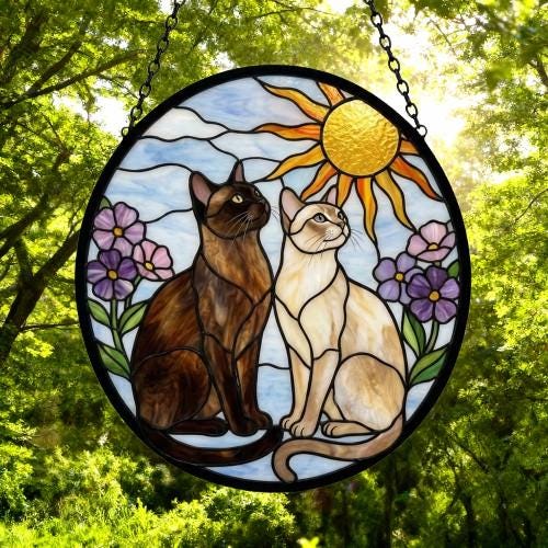 Custom Burmese cat  Couple Stained Glass Suncatcher, Cat Glass Window Hanging Art, Pet Keepsake Glass Sun Catcher,Memorial Gifts - image 4
