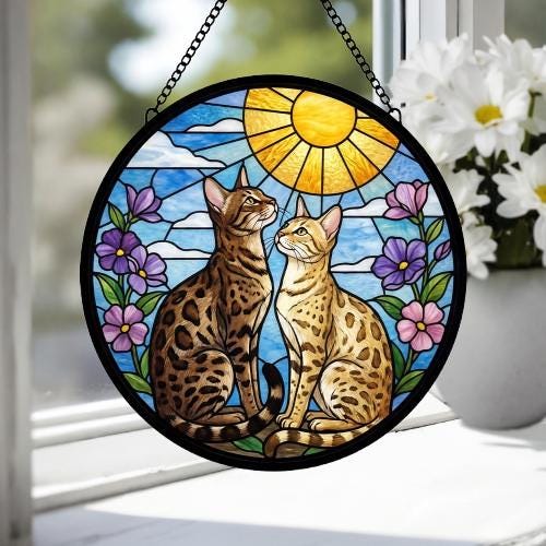 Custom Savannah cat  Couple Stained Glass Suncatcher, Cat Glass Window Hanging Art, Pet Keepsake Glass Sun Catcher,Memorial Gifts for - image 4