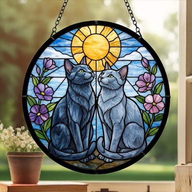 Custom Russian Blue cat  Couple Stained Glass Suncatcher, Cat Glass Window Hanging Art, Pet Keepsake Glass Sun Catcher,Memorial Gifts