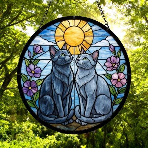 Custom Russian Blue cat  Couple Stained Glass Suncatcher, Cat Glass Window Hanging Art, Pet Keepsake Glass Sun Catcher,Memorial Gifts - image 4