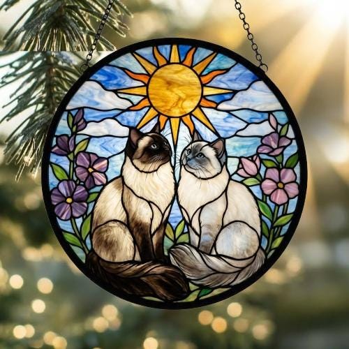 Custom Birman Cat Couple Stained Glass Suncatcher, Cat Glass Window Hanging Art, Pet Keepsake Glass Sun Catcher,Memorial Gifts for Cat Lover - image 2