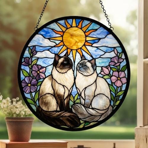 Custom Birman Cat Couple Stained Glass Suncatcher, Cat Glass Window Hanging Art, Pet Keepsake Glass Sun Catcher,Memorial Gifts for Cat Lover - image 3