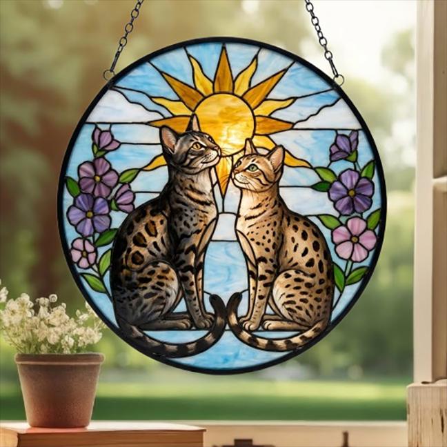 Custom Egyptian Mau cat  Couple Stained Glass Suncatcher, Cat Glass Window Hanging Art, Pet Keepsake Glass Sun Catcher,Memorial Gifts for