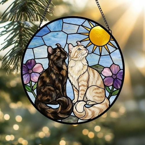Custom American Curl cat Couple Stained Glass Suncatcher, Cat Glass Window Hanging Art, Pet Keepsake Glass Sun Catcher,Memorial Gifts - image 2