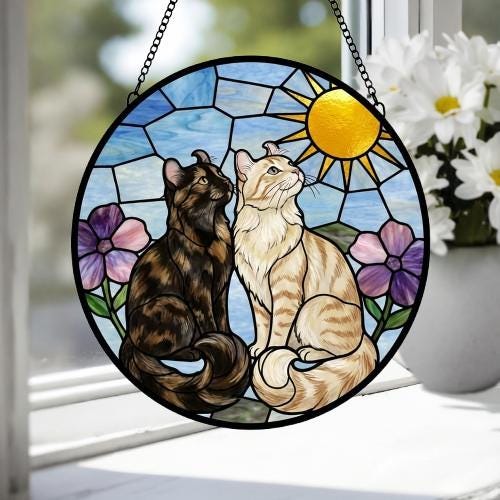Custom American Curl cat Couple Stained Glass Suncatcher, Cat Glass Window Hanging Art, Pet Keepsake Glass Sun Catcher,Memorial Gifts - image 4