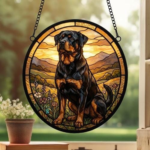 Custom Rottweiler dog Stained Glass Suncatcher,  Pet Lover Gift, Housewarming Gift, Window Hangings - image 3