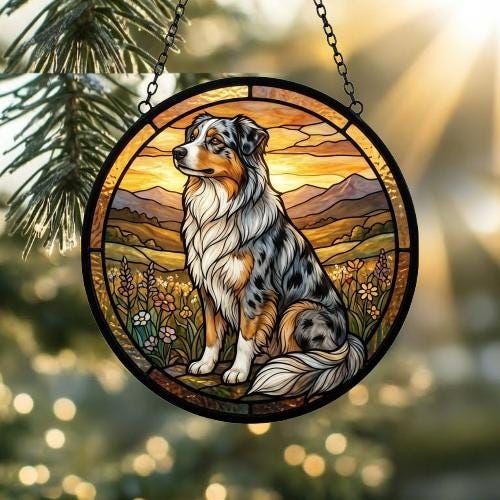 Custom Australian Shepherd dog Stained Glass Suncatcher,  Pet Lover Gift, Housewarming Gift, Window Hangings - image 2