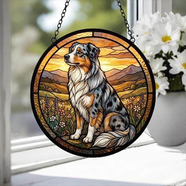 Custom Australian Shepherd dog Stained Glass Suncatcher,  Pet Lover Gift, Housewarming Gift, Window Hangings
