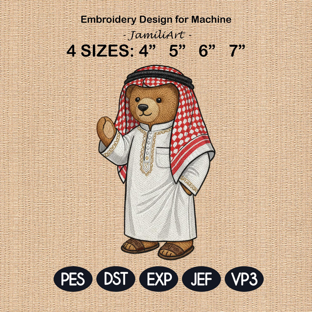 Arab Teddy Bear Embroidery Design Wearing Kuffiya Thobe, Cultural Bear Machine Embroidery File, 4 sizes, Digital Download