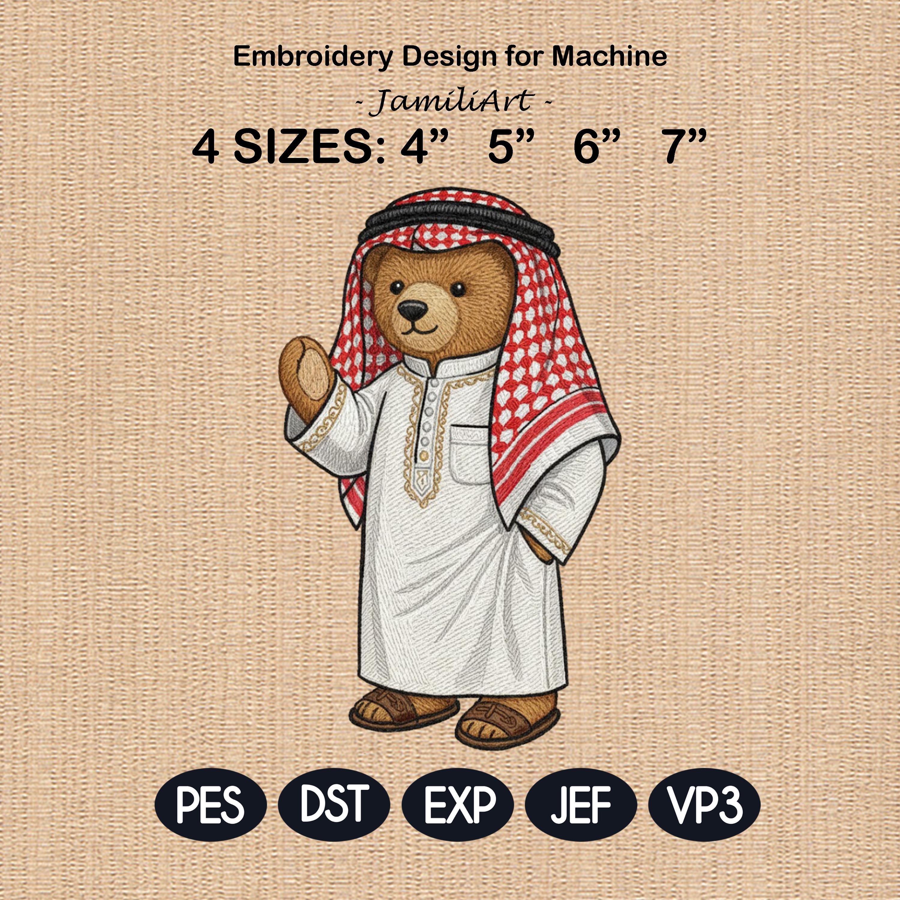 Arab Teddy Bear Embroidery Design Wearing Kuffiya Thobe, Cultural Bear Machine Embroidery File, 4 sizes, Digital Download