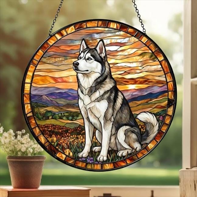 Custom Siberian Husky dog Stained Glass Suncatcher,  Pet Lover Gift, Housewarming Gift, Window Hangings
