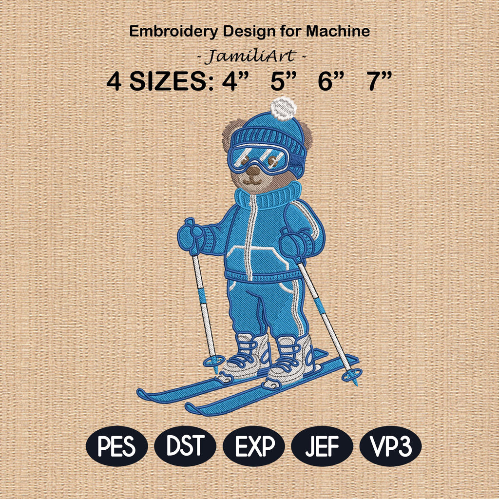 Skiing Bear Embroidery Design, Skiing Embroidery Design, Cozy Game Day Embroidery, Sport Bear Embroidery, Digital Download, Instant Download