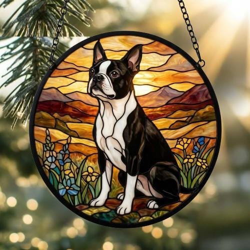 Custom Boston Terrier dog Stained Glass Suncatcher,  Pet Lover Gift, Housewarming Gift, Window Hangings - image 2