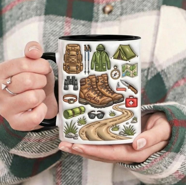 Custom Name Trekking Mug, Personalized Hiking Lover Cup, Gift for Men and Women, Outdoor Hobby Coffee Mugs