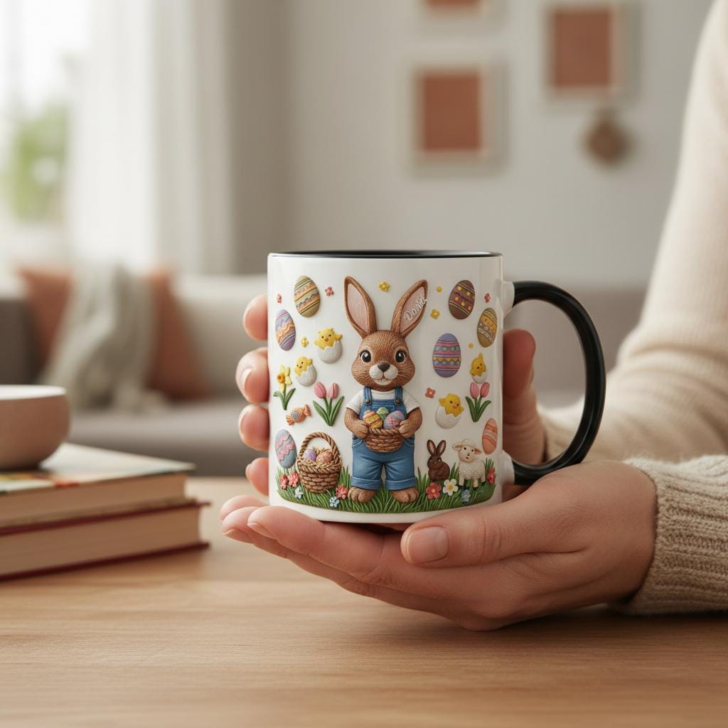 Retro Personalized Bunny Easter Mug, Custom Name Easter Eggs Coffee Mugs, Cute Rabbit Easter Day Cup - image 2